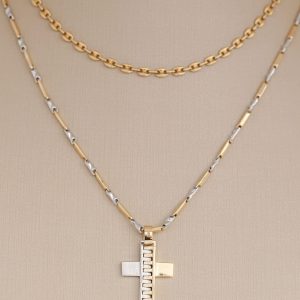 Dije Cruz Y Cadena De Dos Oros, Oro Blanco Y Oro Amarillo De 18k