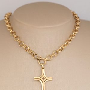 Dije Cruz Con Cadena Rolo 40 Cm, Oro 18K